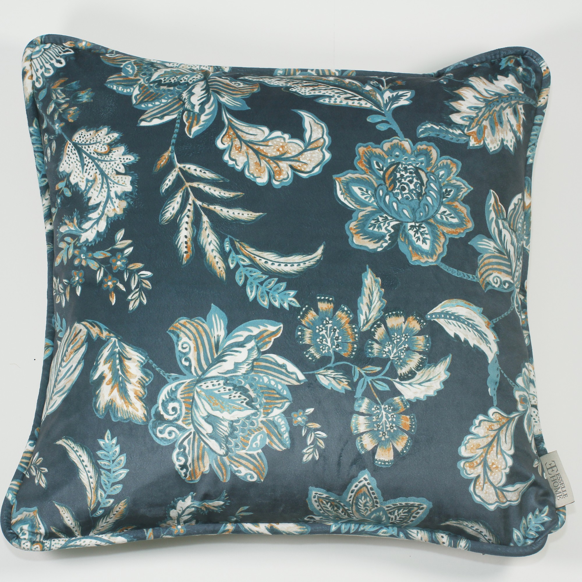 Kashmir Jacobean Floral Botanical Cushion In Navy Teal